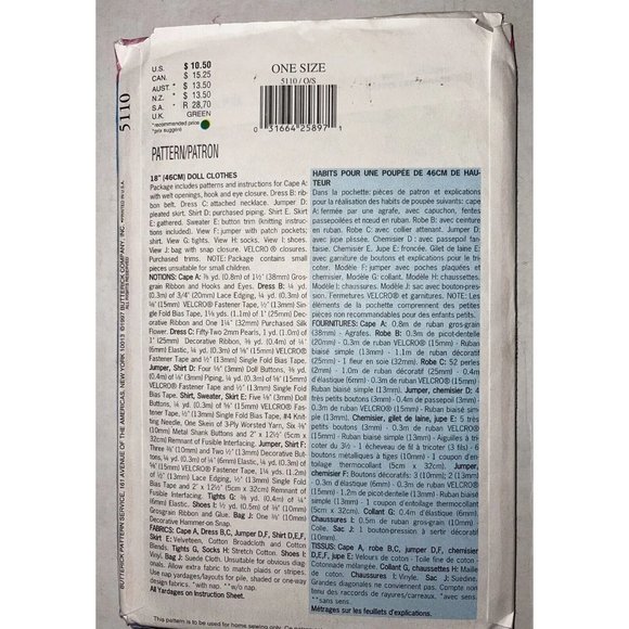 Butterick Two Vintage 18" Doll Sewing Patterns #5110 & Pattern #6667 both Uncut - Picture 4 of 12